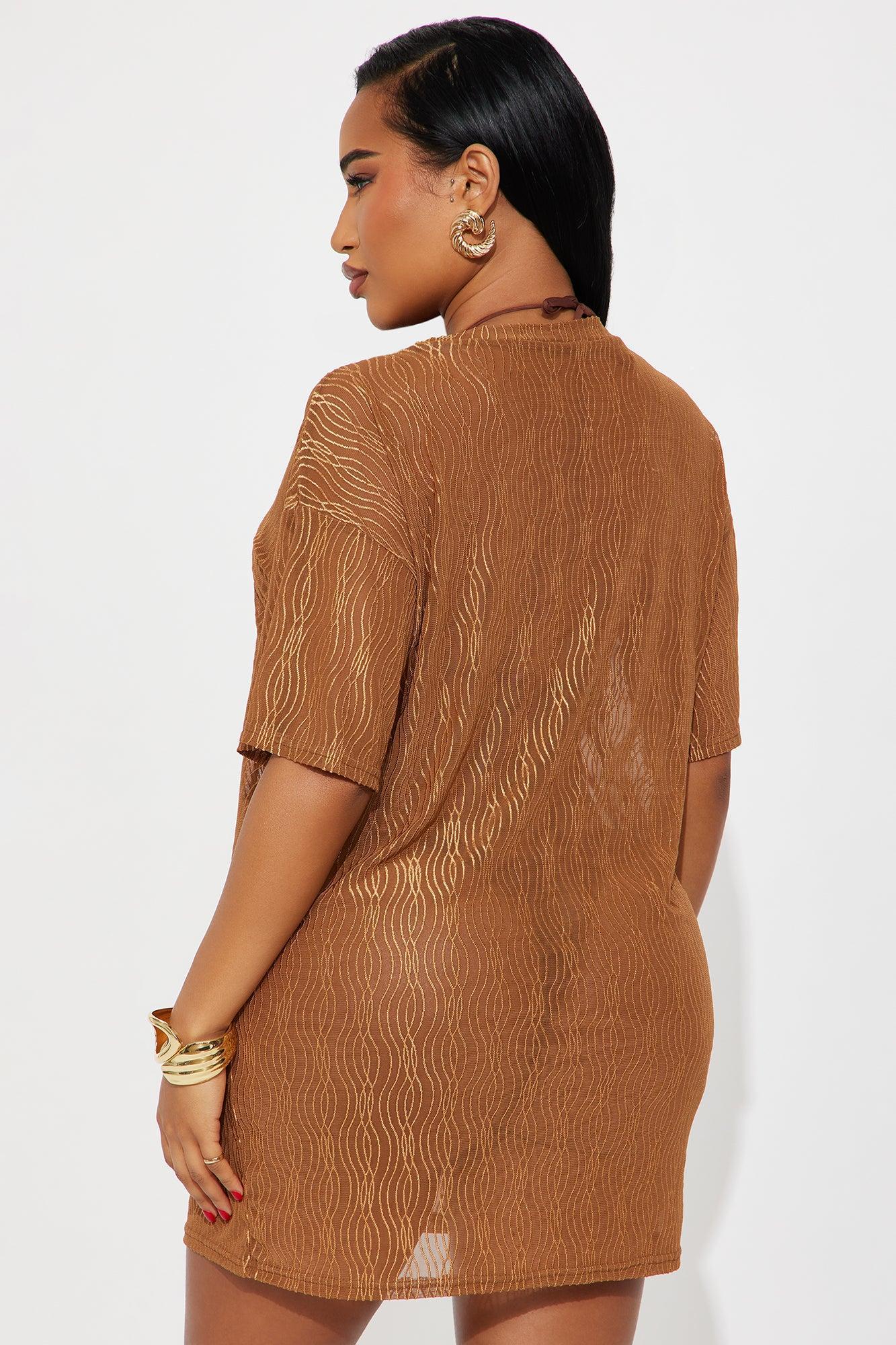 Summer Wave Textured Mesh Cover Up Dress - Mocha Product Image