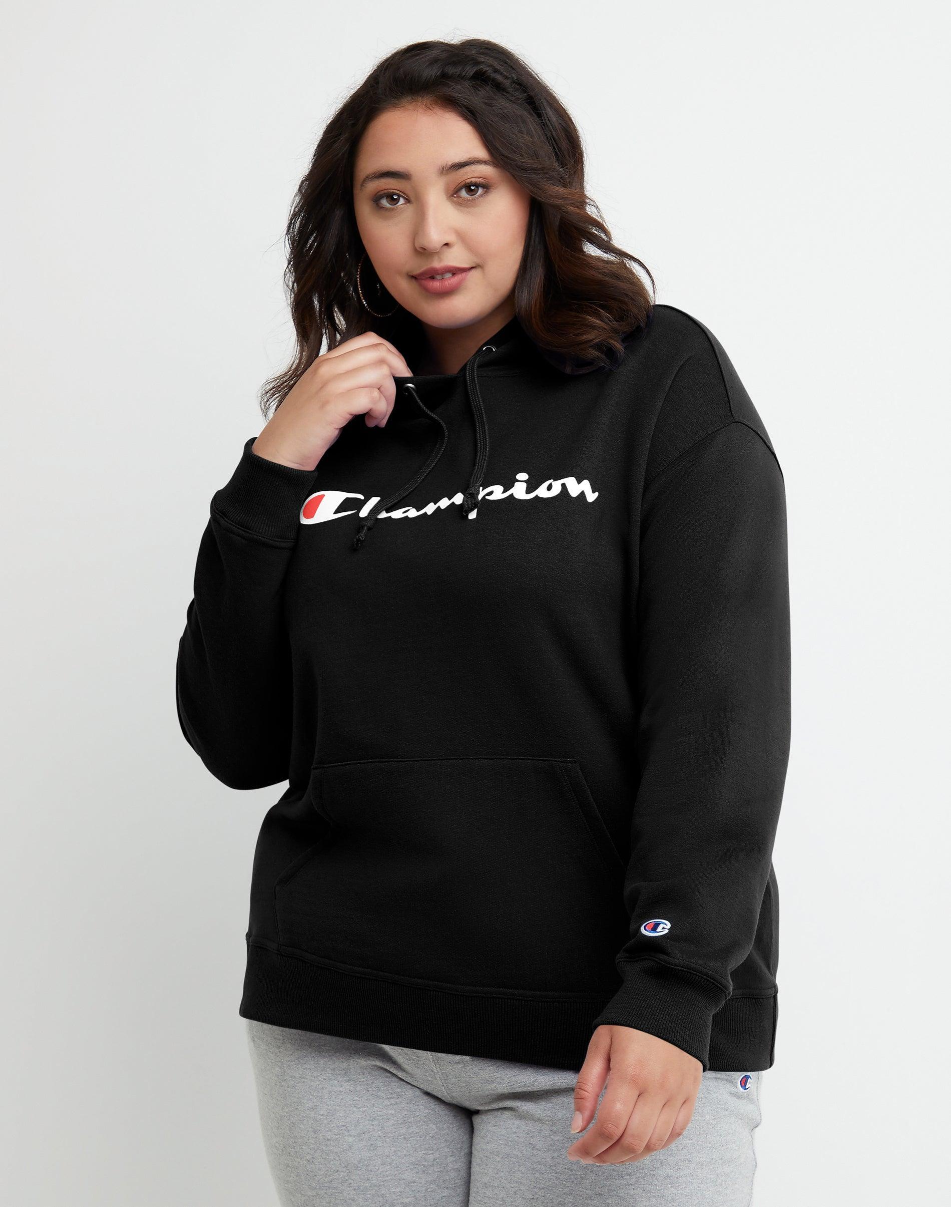 Womens Champion Powerblend Hoodie, Script Logo (Plus Size) Oxford Grey 1X Product Image