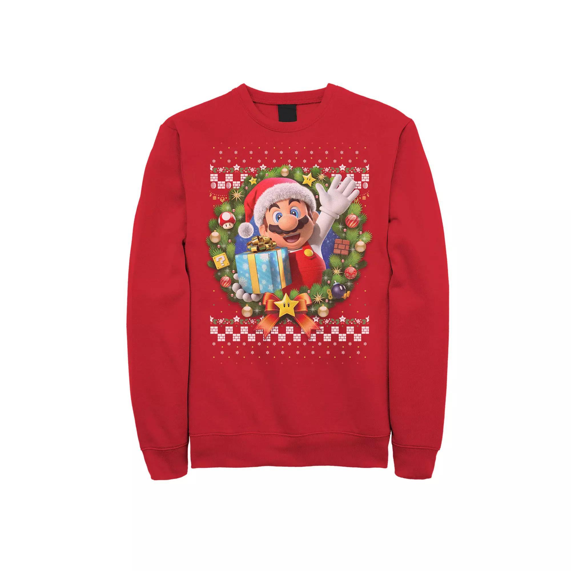 Men's Nintendo Super Mario 3D Christmas Wreath Present Graphic Fleece Sweatshirt, Size: Medium, Red Product Image