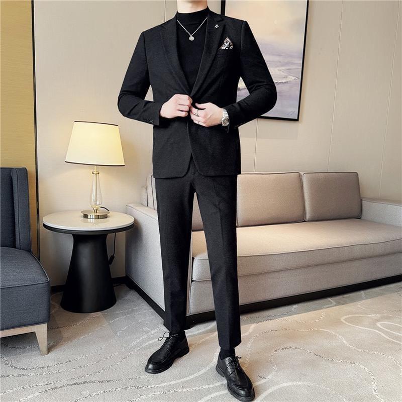 Notch Lapel Plain Single-Button Blazer / Mid Rise Tapered Dress Pants / Set Product Image