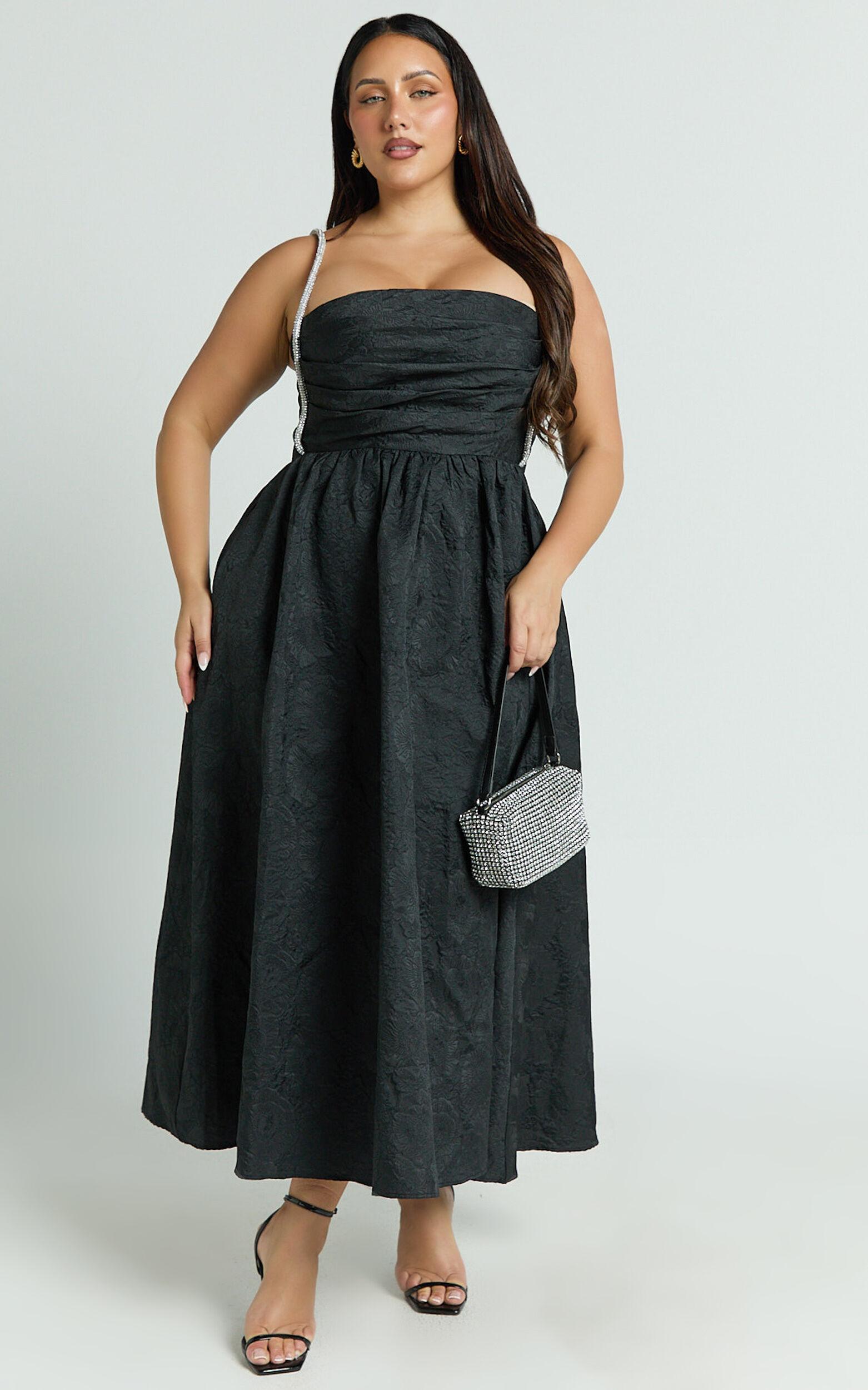 Alvia Midi Dress - Diamante Strap Ruched Straight Neck Dress in Black Product Image
