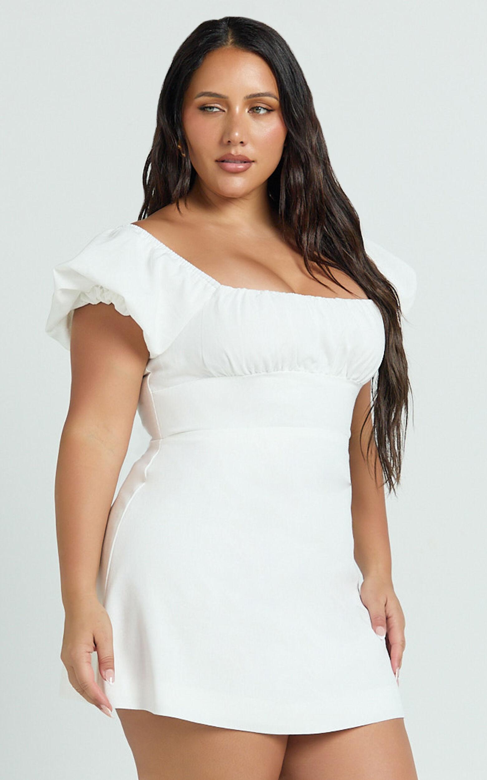 Ginny Mini Dress - Square Neck Ruched Bodice Puff Sleeve Straight Dress in White Product Image