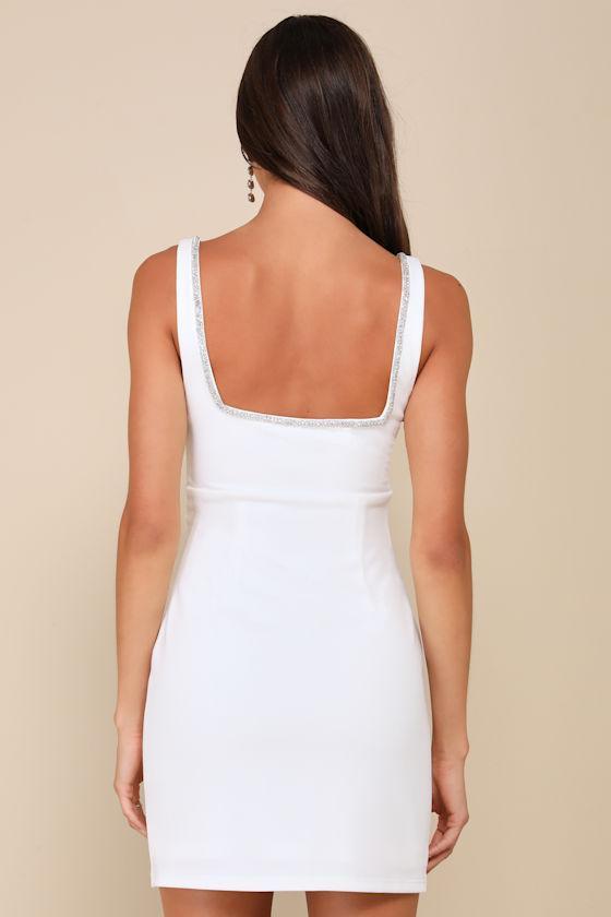 Sparkling Presence White Rhinestone Notched Bodycon Mini Dress Product Image