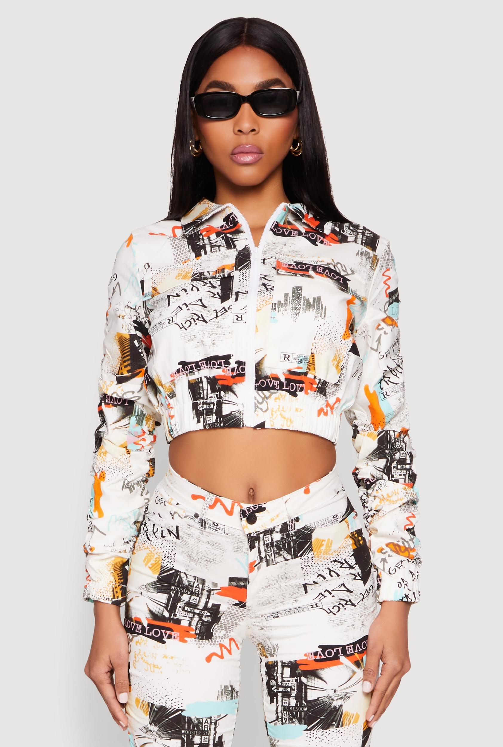 Womens Printed Hyperstretch Ruched Sleeve Cropped Jacket Product Image