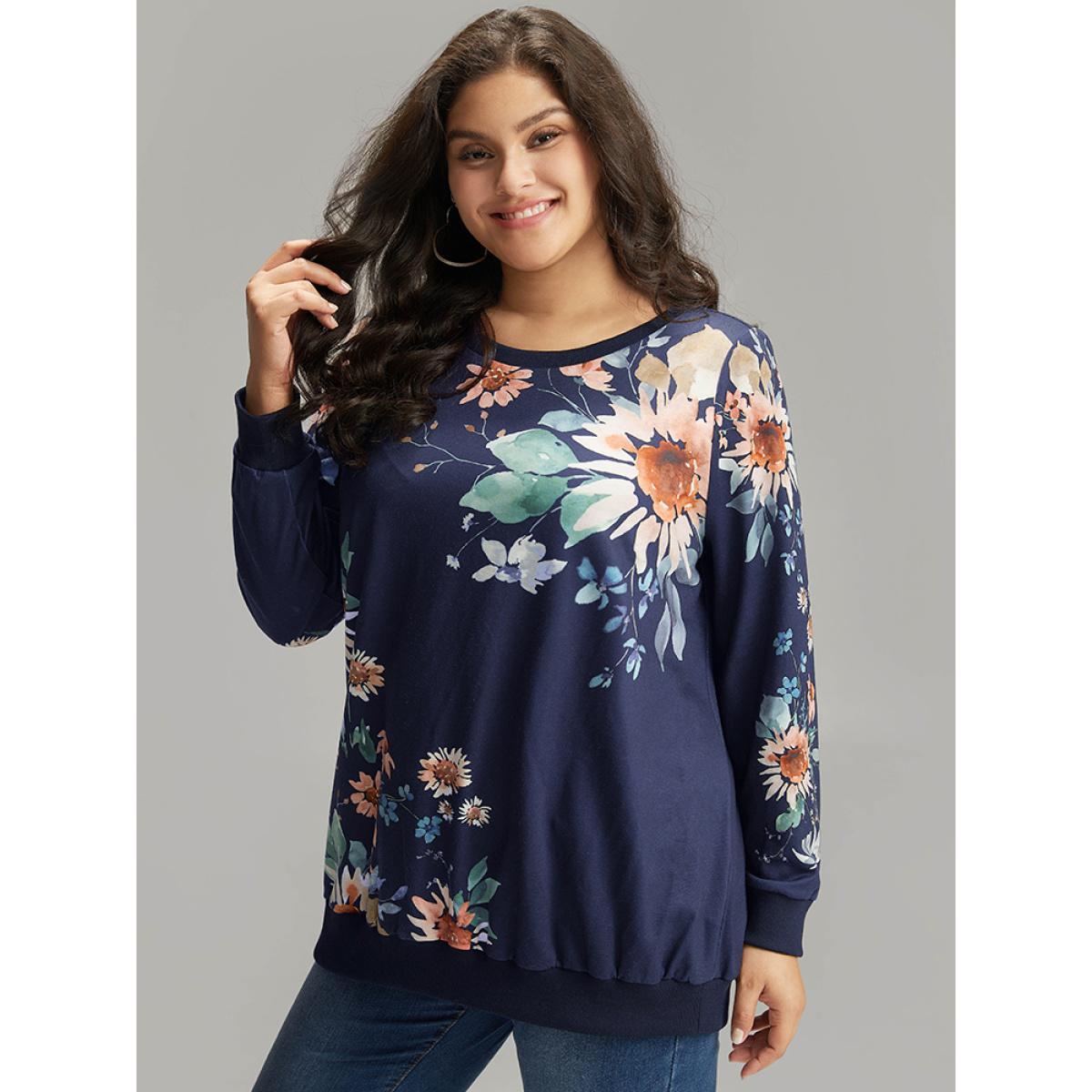 Plus Size Floral Print Round Neck Sweatshirt Women Indigo Casual Elastic cuffs Round Neck Dailywear Sweatshirts BloomChic 14-16/1X Product Image