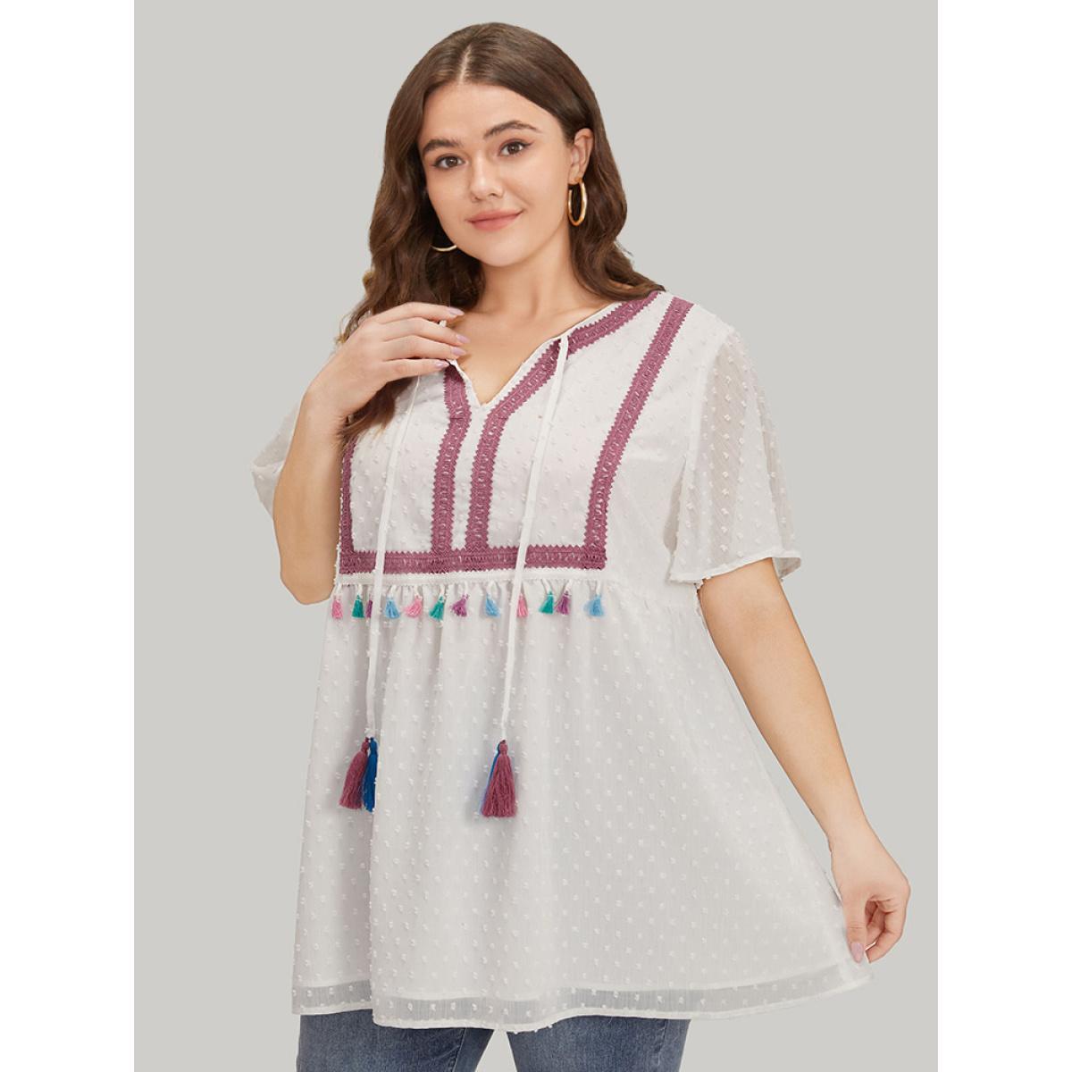 Plus Size White Polka Dot Tassels Ties Mesh Patchwork Contrast Blouse Women Vacation Short sleeve V-neck Dailywear Blouses BloomChic 18-20/2X Product Image
