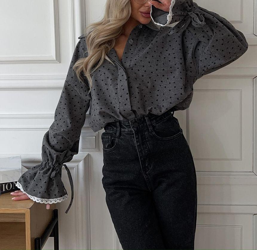 Bell Sleeve Lace-Trim Heart Print Loose-Fit Shirt Product Image