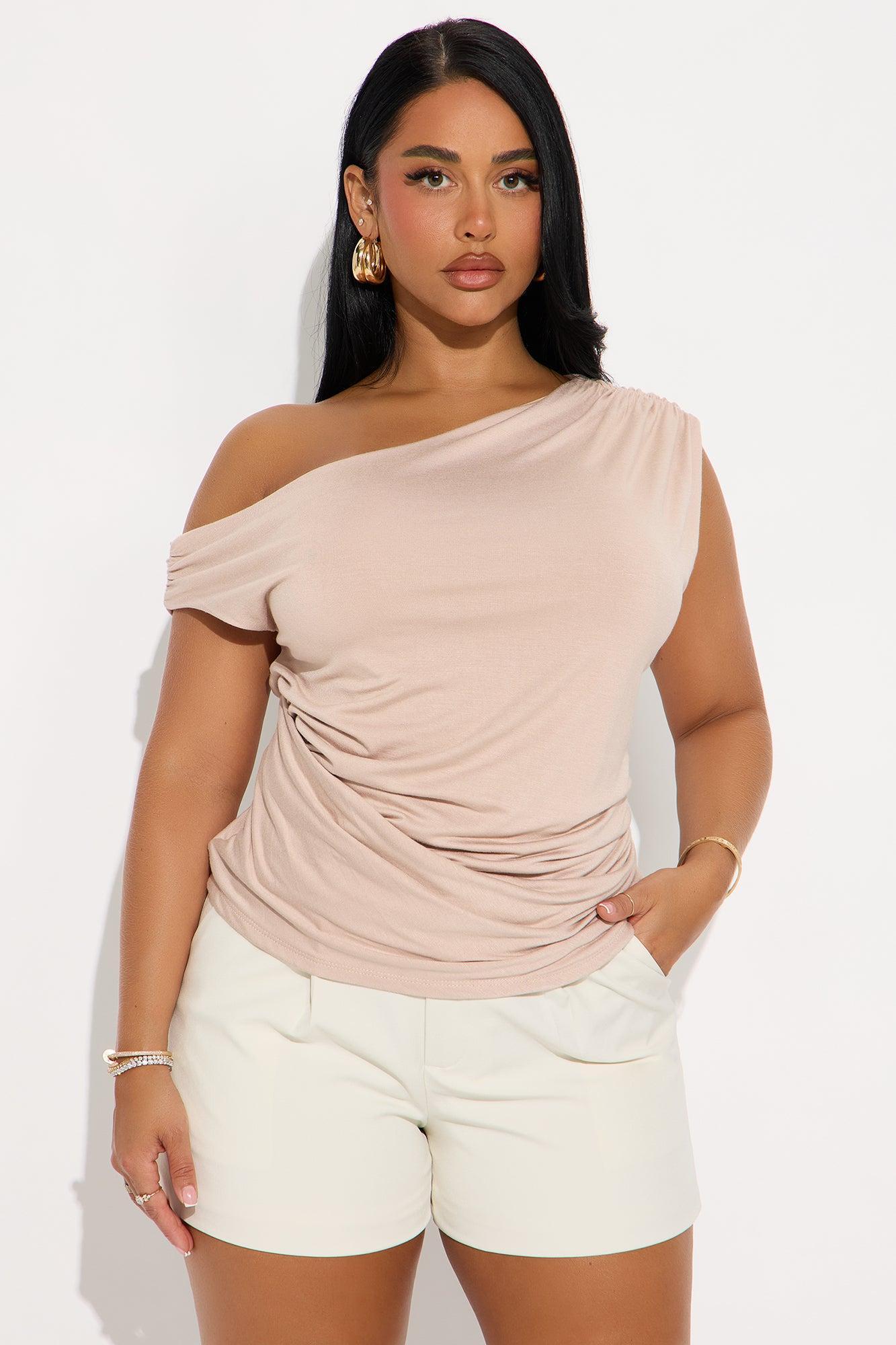 Embrace Her Double Lined Off Shoulder Top - Tan Product Image