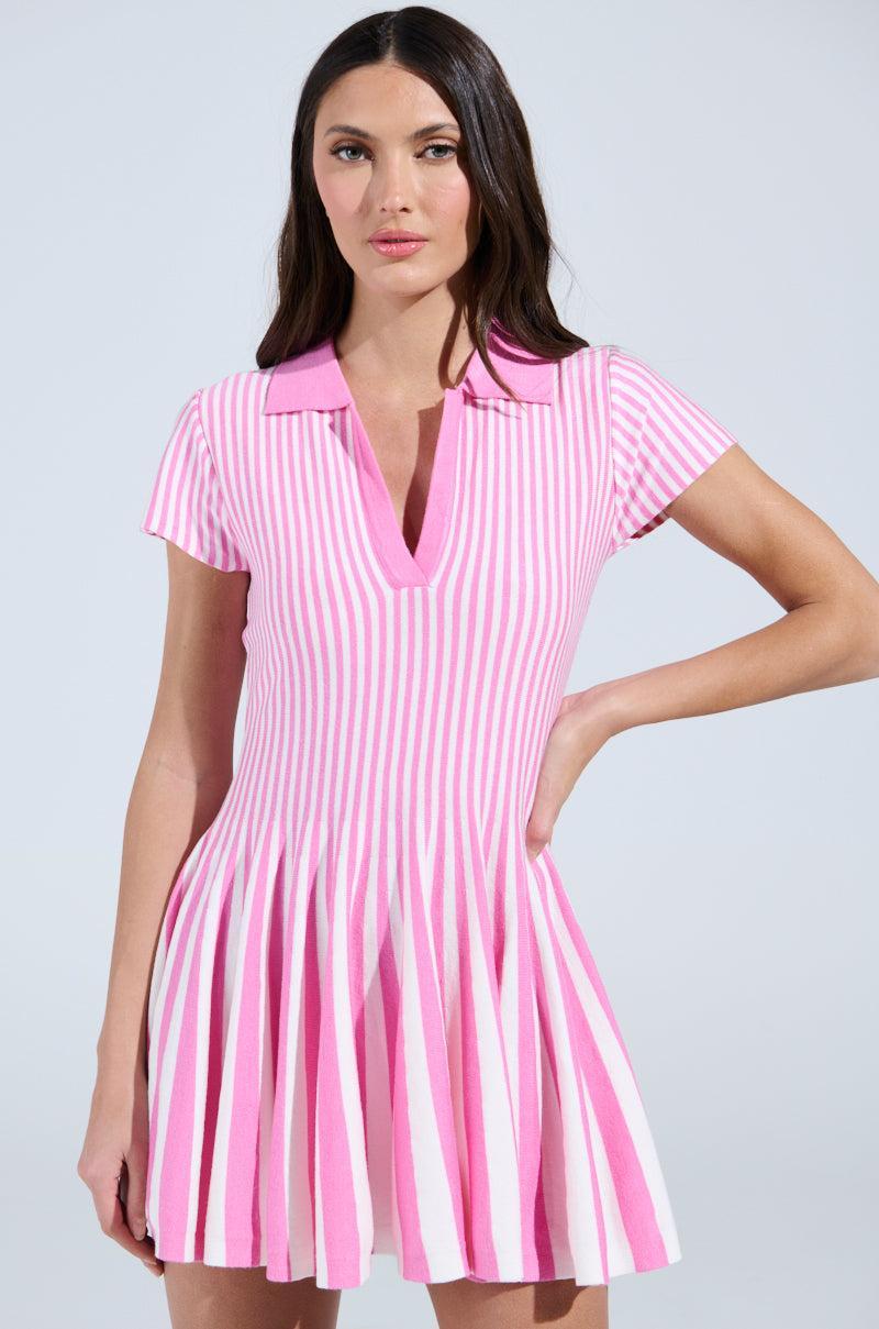 ALINA PLEATED KNIT FIT AND FLARE MINI DRESS IN PINK MULTI Product Image