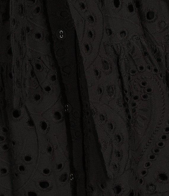 Gibson & Latimer Eyelet Split Round Neck Elbow Puff Sleeve Button Down Belted Scallop Hem Pocketed A-Line Dress Product Image