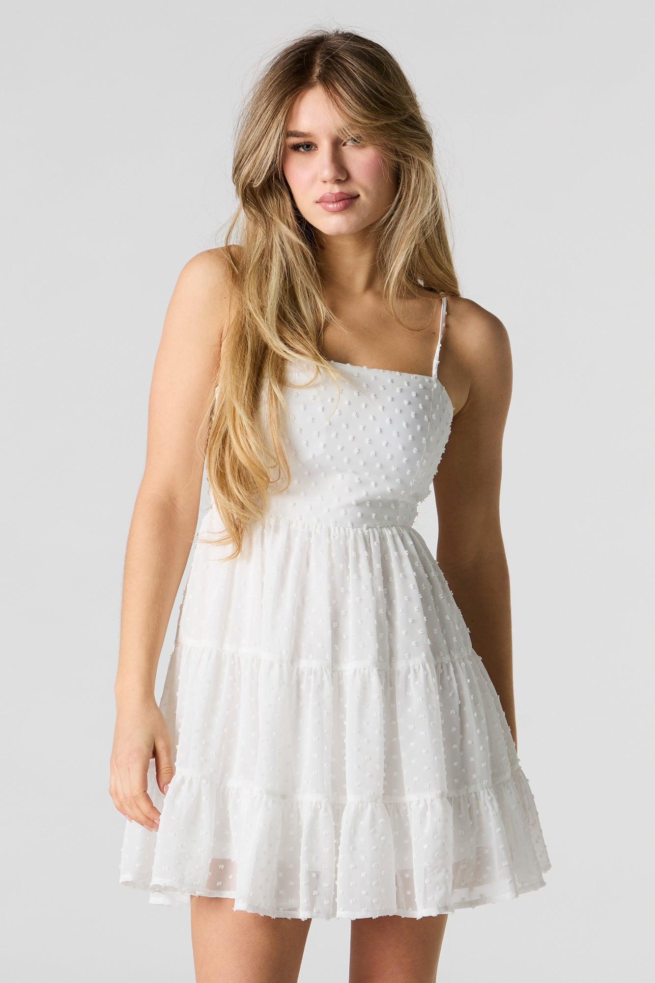 Swiss Dot Tiered Mini Dress with Built-In Cups Female Product Image