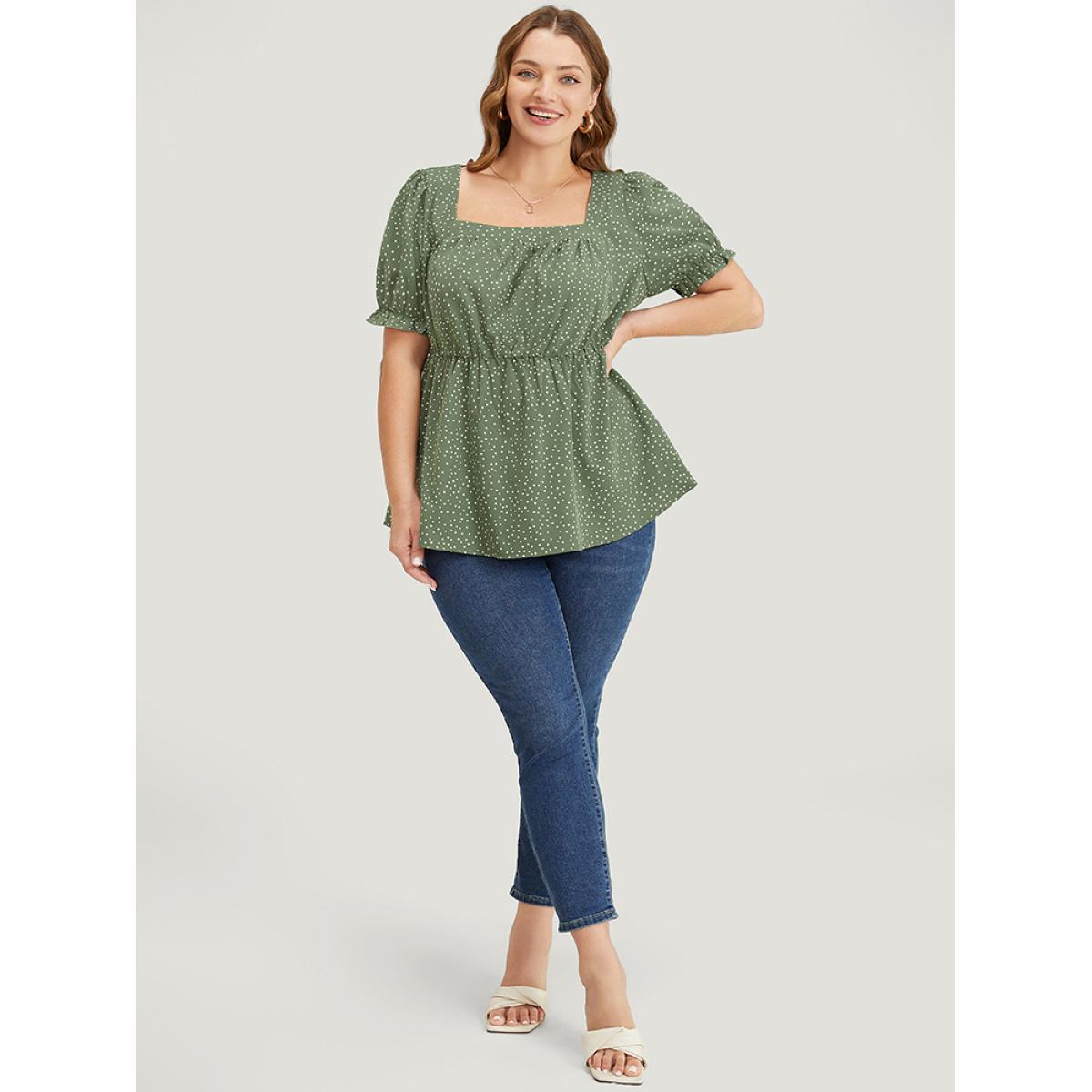 Plus Size ArmyGreen Polka Dot Square Neck Ruffles Puff Sleeve Blouse Women Elegant Short sleeve Square Neck Dailywear Blouses BloomChic 28/5X Product Image