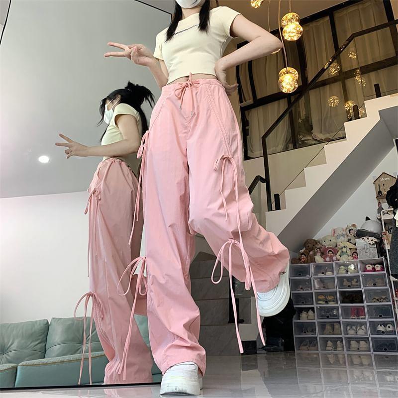 Drawstring Waist Plain Bow Loose Fit Cargo Pants Product Image