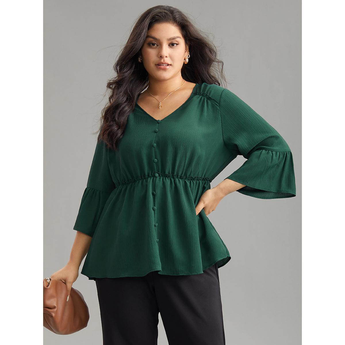 Plus Size DarkGreen Plisse Button Detail Elastic Waist Blouse Women Work From Home Elbow-length sleeve V-neck Work Blouses BloomChic 18-20/2X Product Image