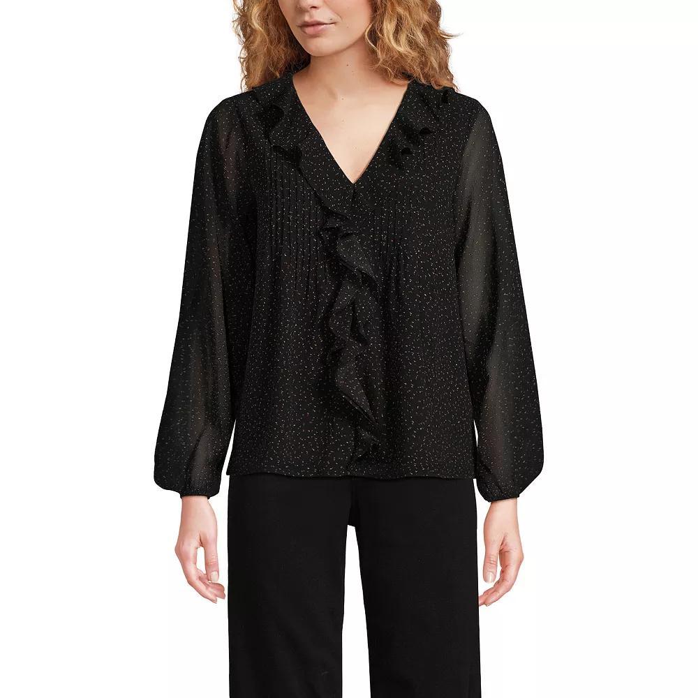 Women's Lands' End Chiffon Ruffle Front Pleated Blouse, Size: Large, Black Terrazzo Dot Product Image