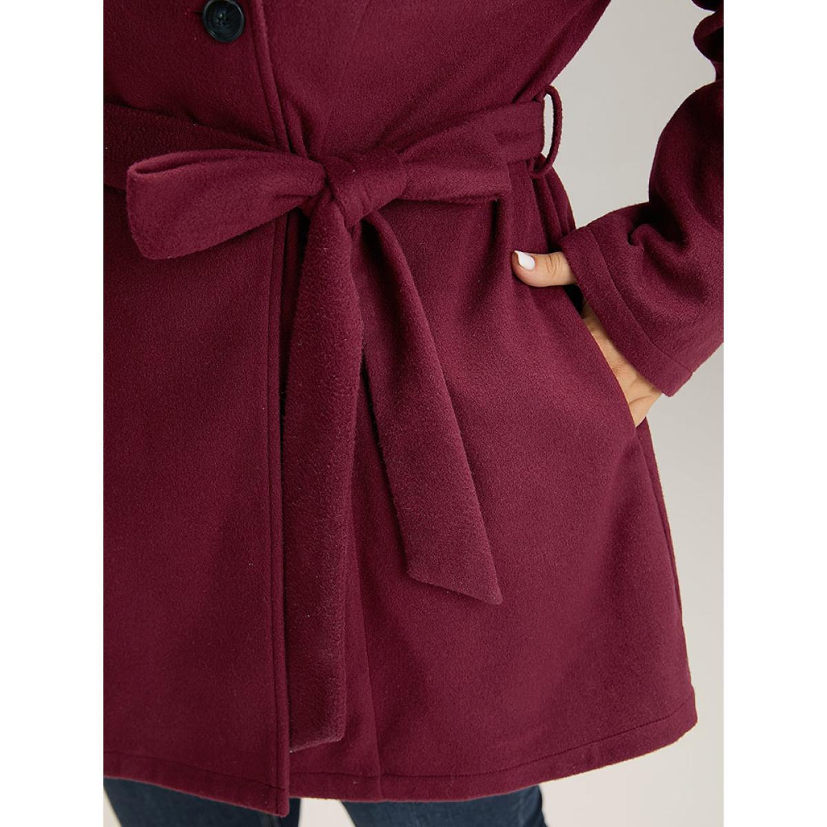 Plus Size Plain Button Up Belted Lapel Collar Coat Women Burgundy Casual Plain Ladies Dailywear Winter Coats BloomChic 10/M Product Image