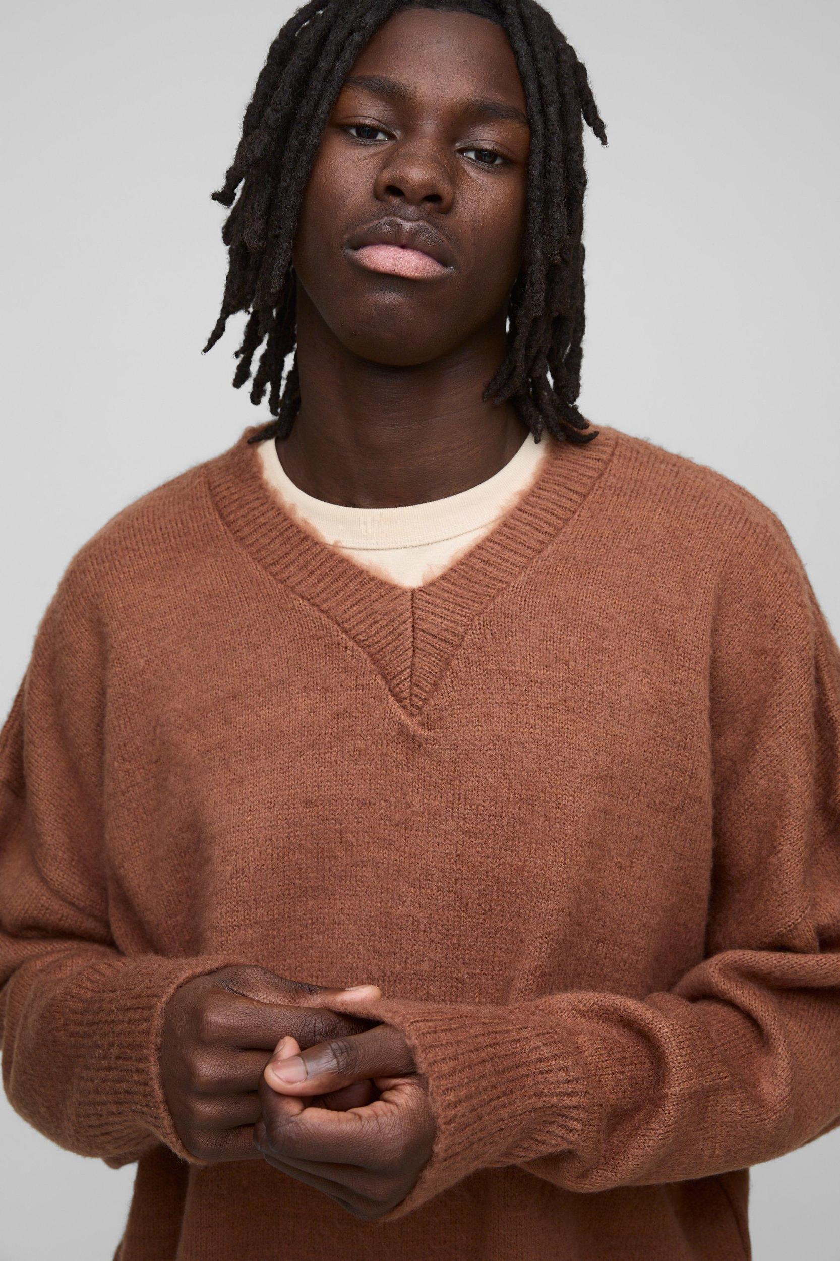 Oversized Dropped Shoulder Fluffy V Neck Knit Sweater | boohooMAN USA Product Image