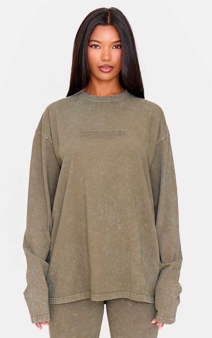 PRETTYLITTLETHING Olive Embossed Logo Washed Long Sleeve T-shirt Product Image