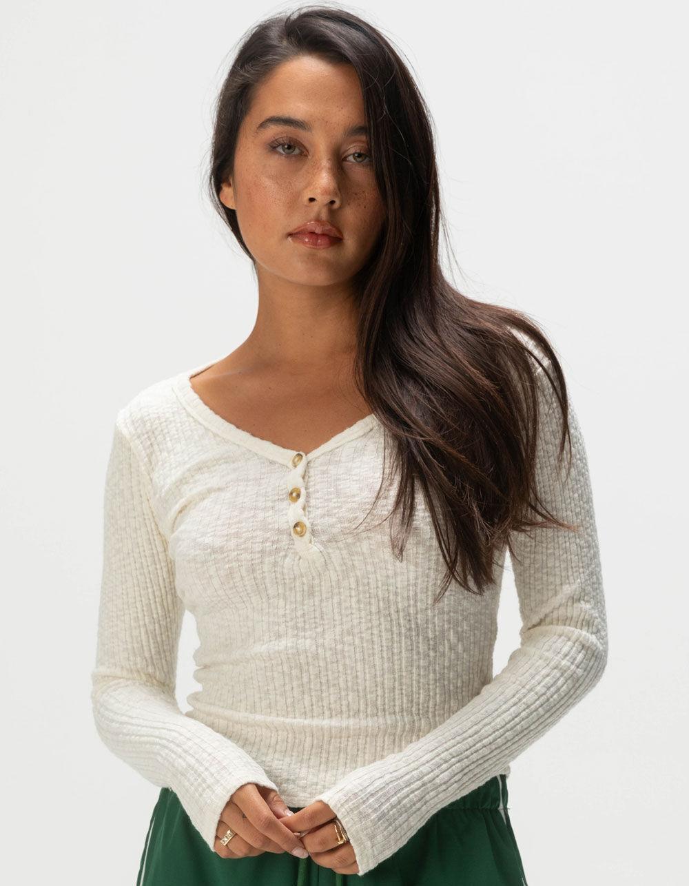FULL TILT Womens Rib Long Sleeve Henley Top - BURGUNDY Product Image