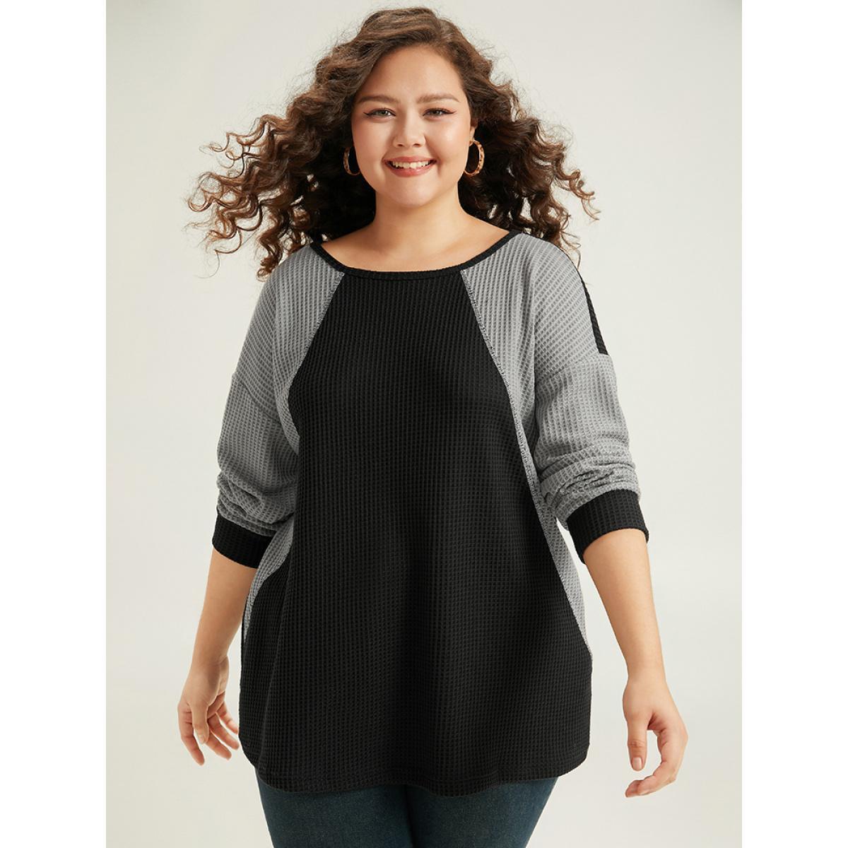 Plus Size Waffle Knit Colorblock Contrast Stitch Sweatshirt Women Black Casual Elastic cuffs Round Neck Dailywear Sweatshirts BloomChic 14-16/1X Product Image