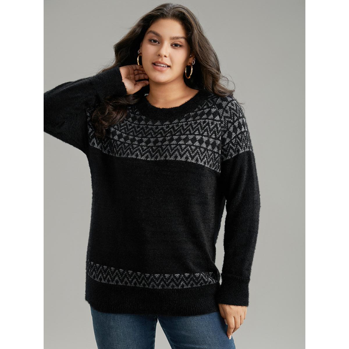 Plus Size Bandana Print Fuzzy Sparkly Pullover Black Women Casual Loose Long Sleeve Round Neck Dailywear Pullovers BloomChic 12/L Product Image