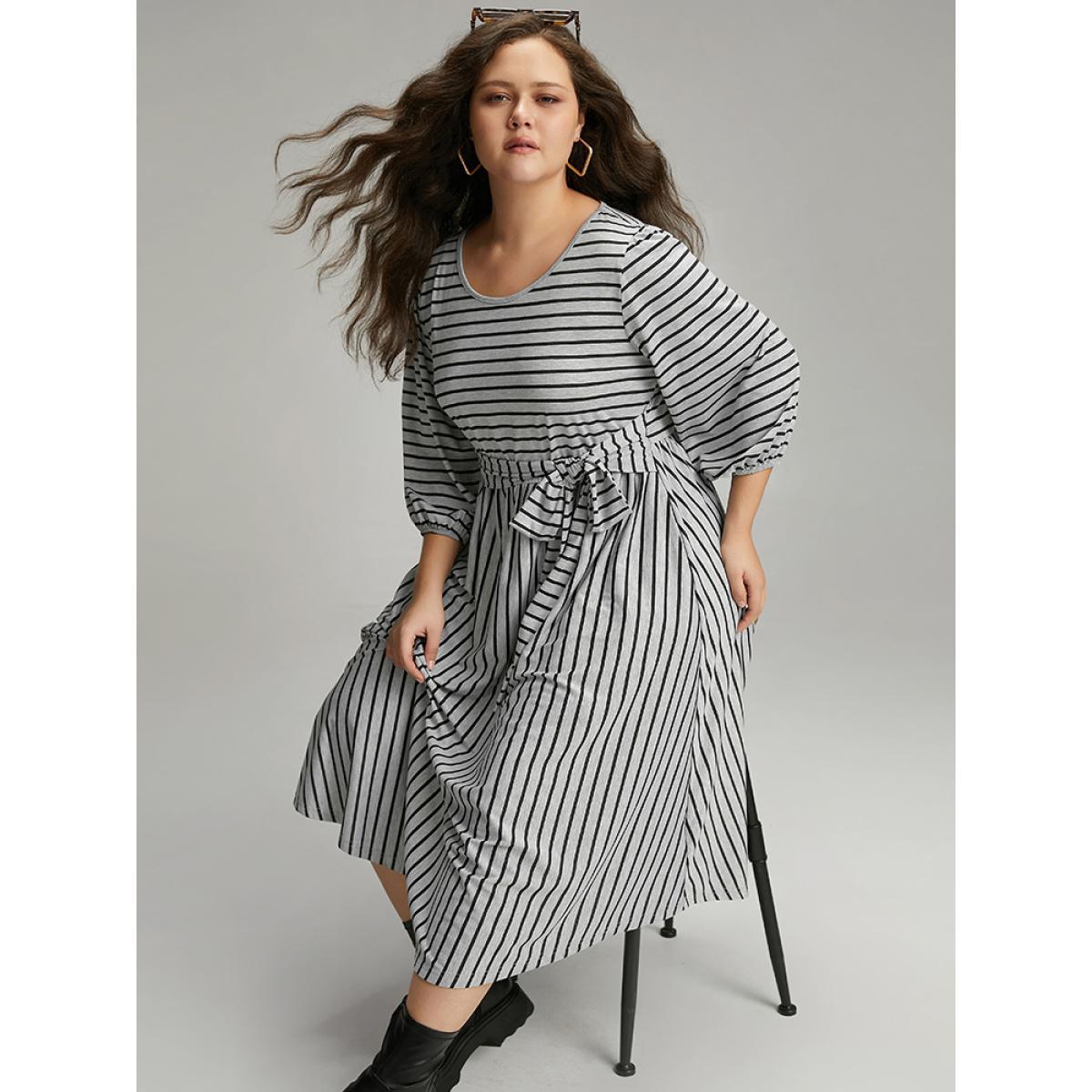 Plus Size Striped Ties Lantern Sleeve Curved Hem Dress Gray Women Casual Elastic cuffs Round Neck Elbow-length sleeve Curvy Midi Dress BloomChic 30/6X Product Image