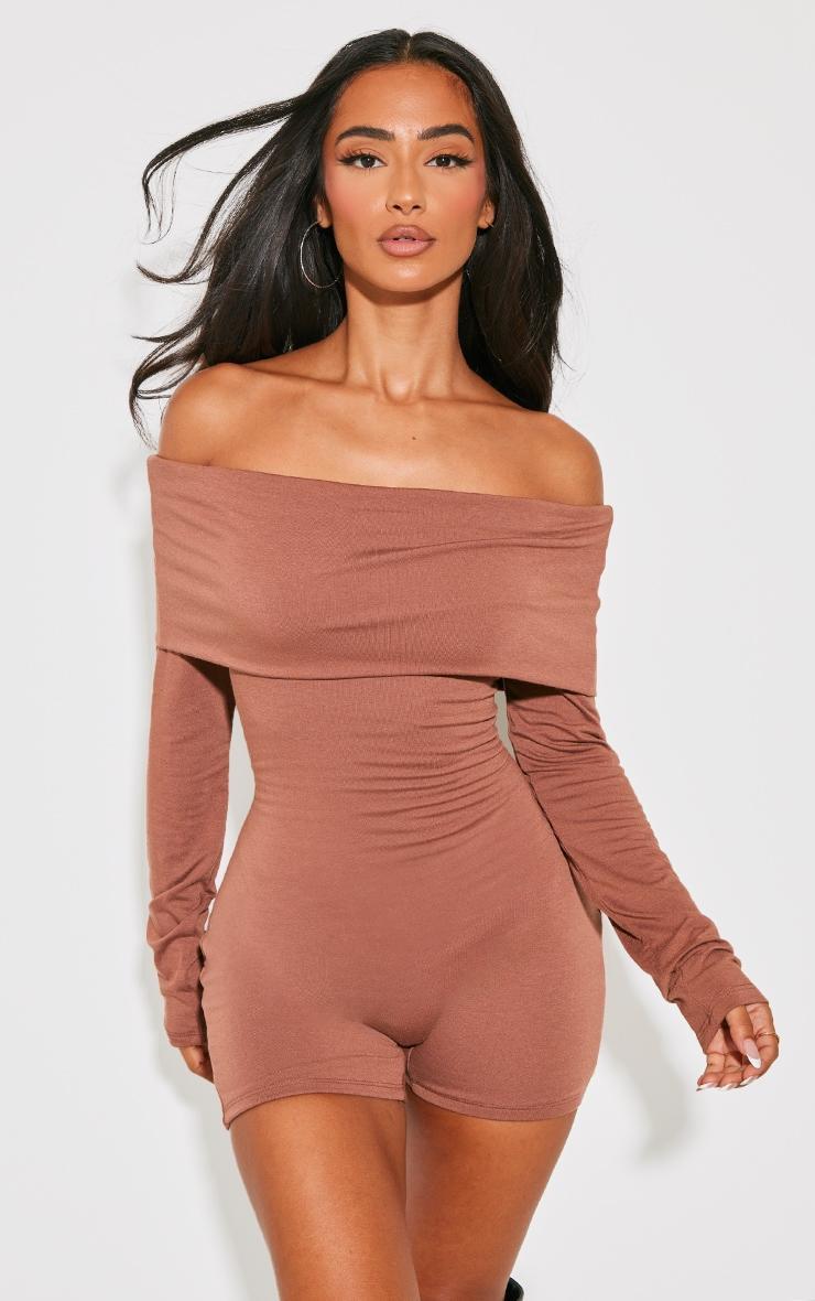 Petite Chocolate Contour Jersey Foldover Bardot Romper Product Image