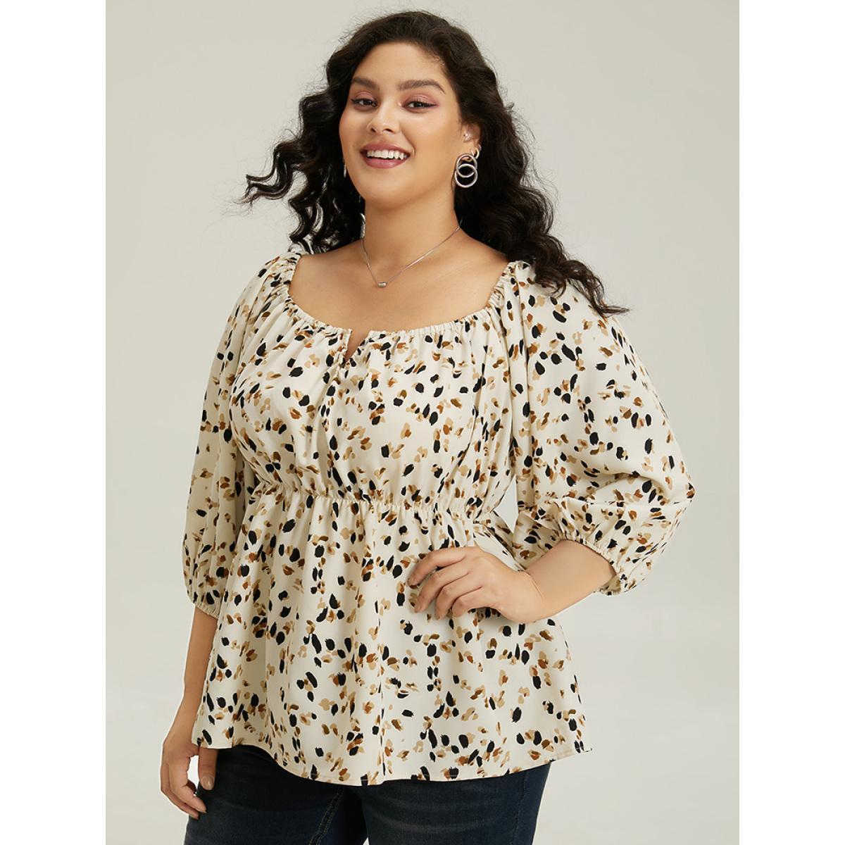 Plus Size Ivory Allover Print Lantern Sleeve Blouse Women Elegant Elbow-length sleeve V-neck Dailywear Blouses BloomChic 18-20/2X Product Image
