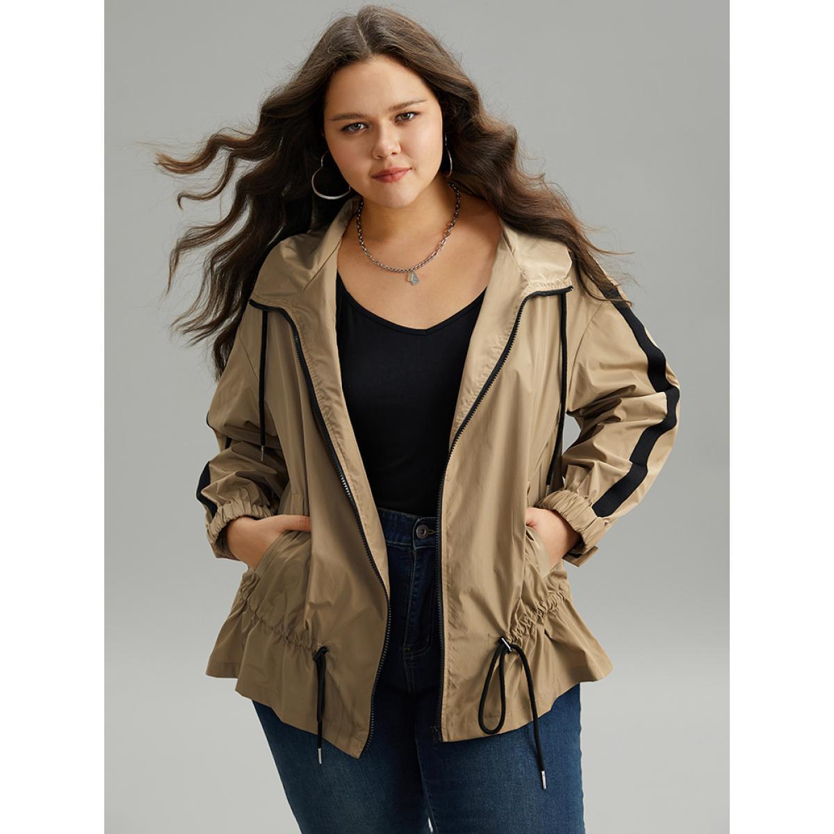 Plus Size Wind-Resistant Contrast Trim Drawstring Jacket Women Tan Elastic cuffs Pocket Dailywear Jackets BloomChic 30/6X Product Image