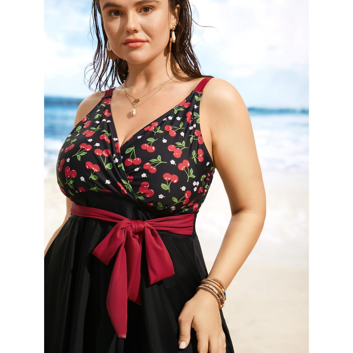 Plus Size Cherry Print Wrap Tie Knot Swim Dress Women's Swimwear Black Beach Bodycon Overlap Collar High stretch Curve Swim Dresses BloomChic 28/5X Product Image