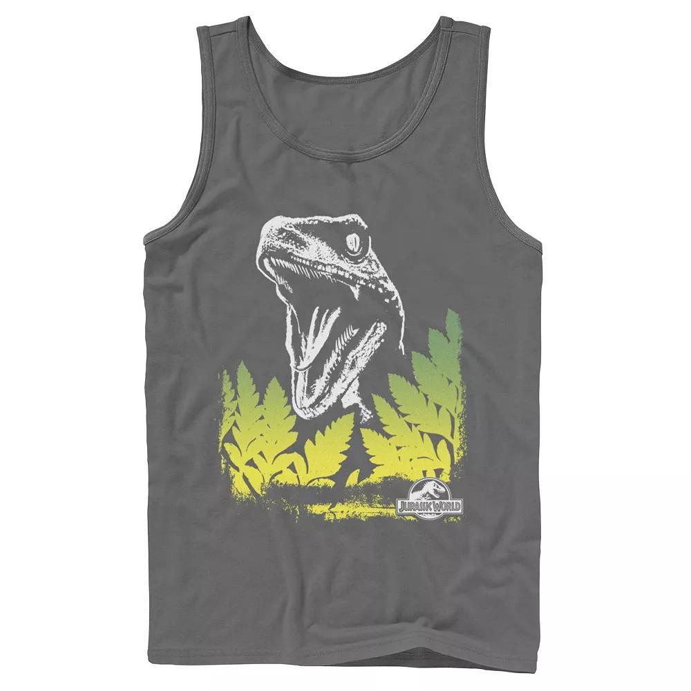 Mens Jurassic World Raptor Roaring Behind Bushes Graphic Tank Top Blue Product Image
