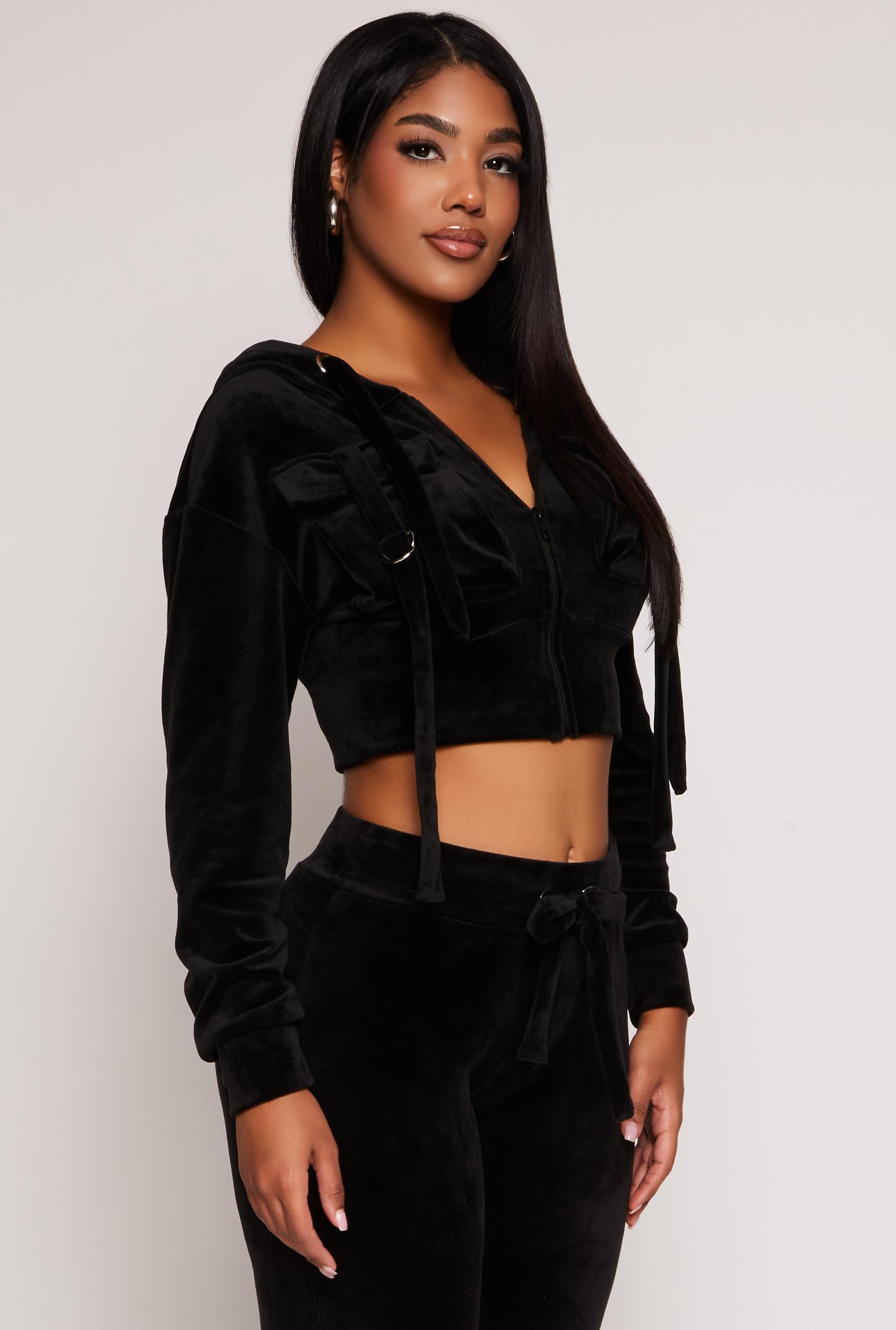 Womens Velour Flap Pocket Cropped Zip Front Hoodie Product Image