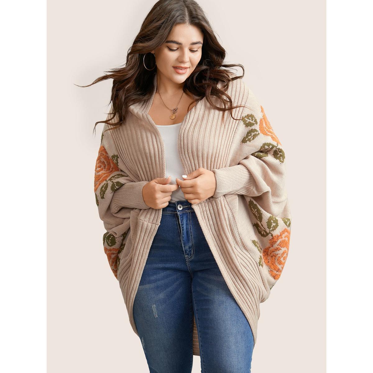 Plus Size Floral Jacquard Batwing Sleeve Open Front Cardigan Apricot Women Elegant Long Sleeve Everyday Cardigans BloomChic 12/L Product Image