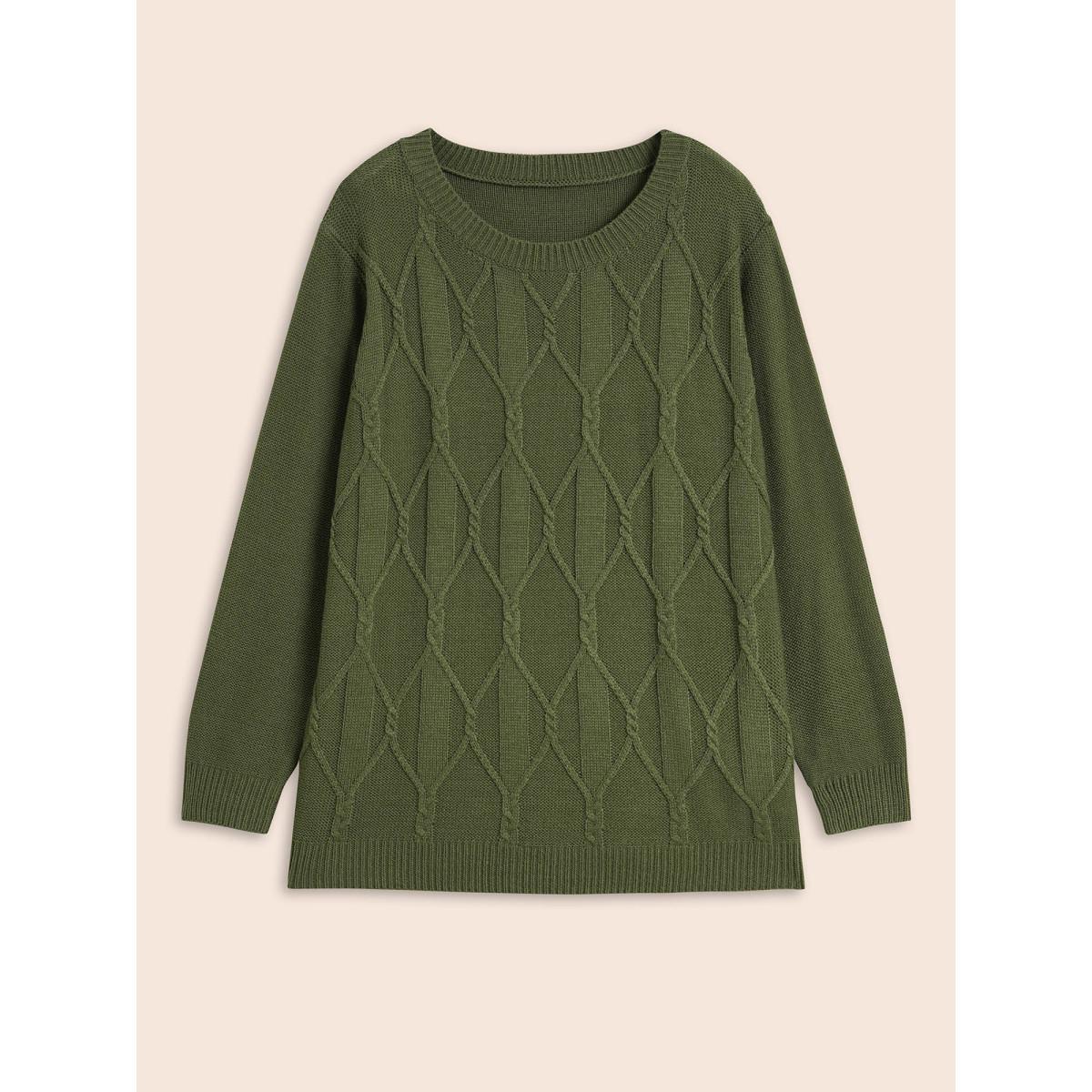 Plus Size Plain Cable Knit Round Neck Pullover Moss Women Casual Long Sleeve Round Neck Everyday Pullovers BloomChic 14-16/1X Product Image