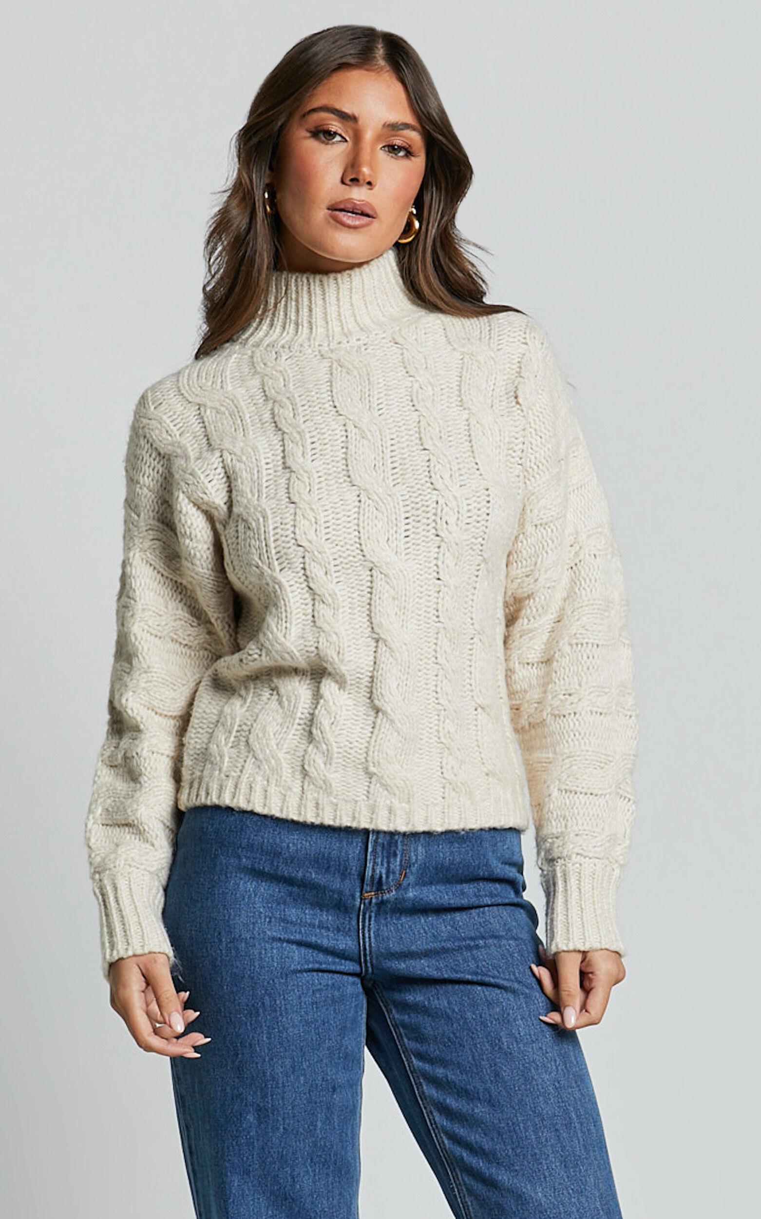 Melalyn Jumper - Drop Shoulder Cable Knit Jumper in Stone Product Image