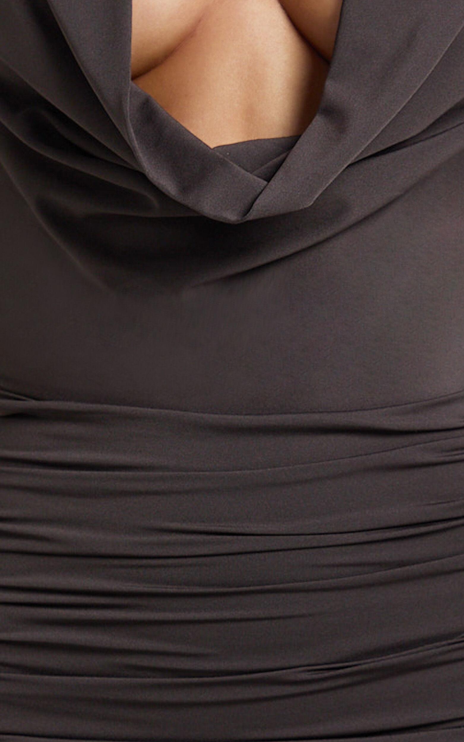 Janice Maxi Dress - Plunge Cowl Halter High Leg Split Dress in Chocolate Product Image