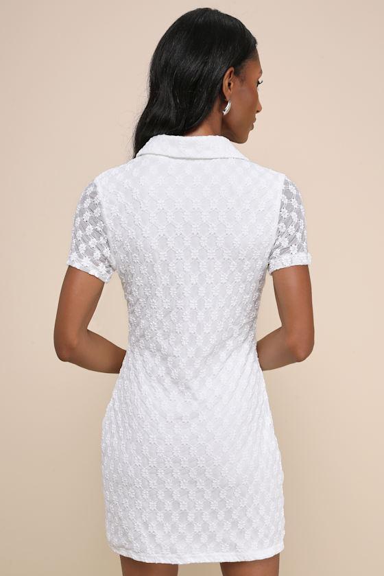 Truly Pristine White Mesh Floral Ruched Button-Up Mini Dress Product Image