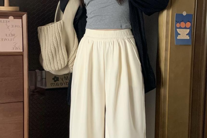 Elastic Waist Plain Corduroy Wide Leg Pants Product Image