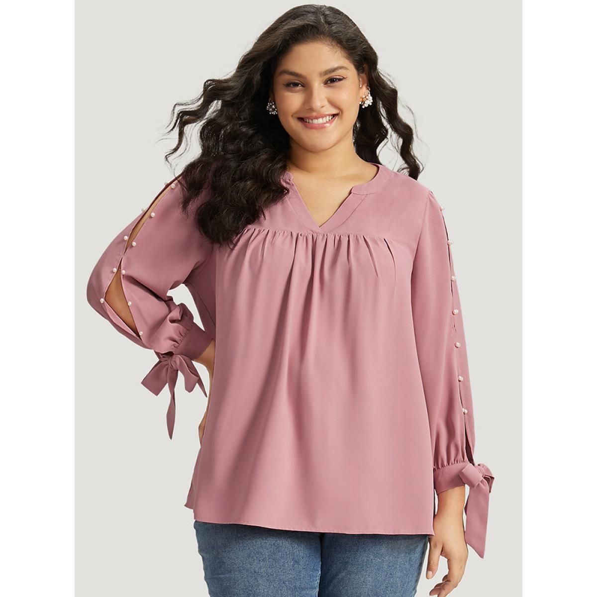 Plus Size DustyPink Plain Pleated Ties Beaded Notched Blouse Women Elegant Long Sleeve Notched collar Dailywear Blouses BloomChic 14-16/1X Product Image