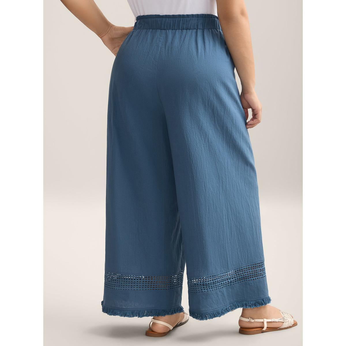 Plus Size Cotton Waist-Tie Lace Wide-Leg Pants Women Cerulean Resort Wide Leg Mid Rise Vacation Pants BloomChic 26/4X Product Image