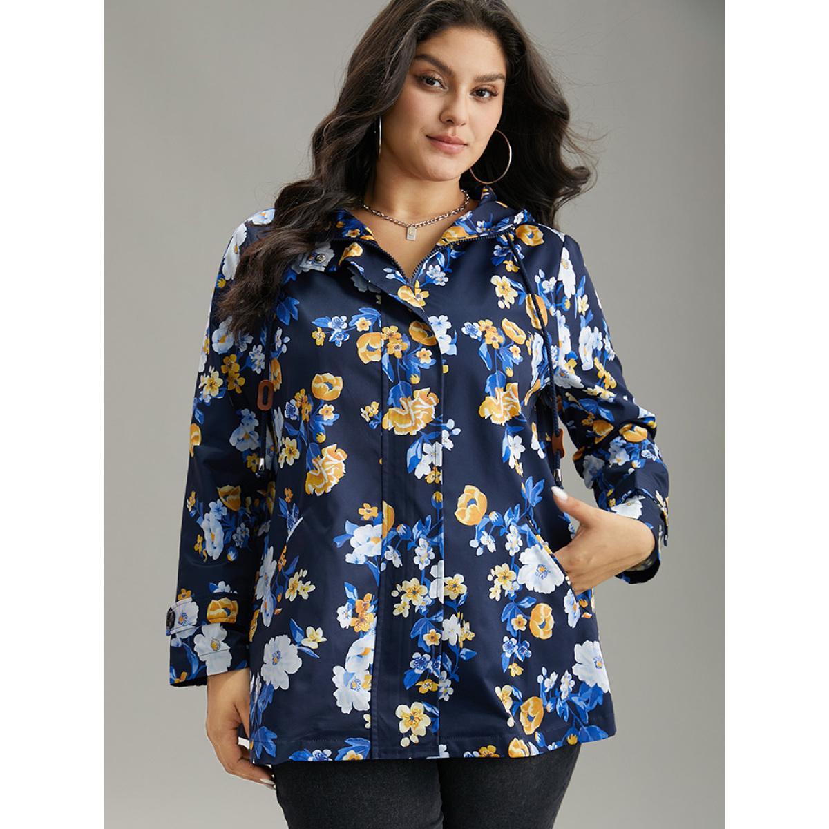 Plus Size Boho Print Drawstring Hooded Zipper Jacket Women Indigo Printed Pocket Dailywear Jackets BloomChic 28/5X Product Image
