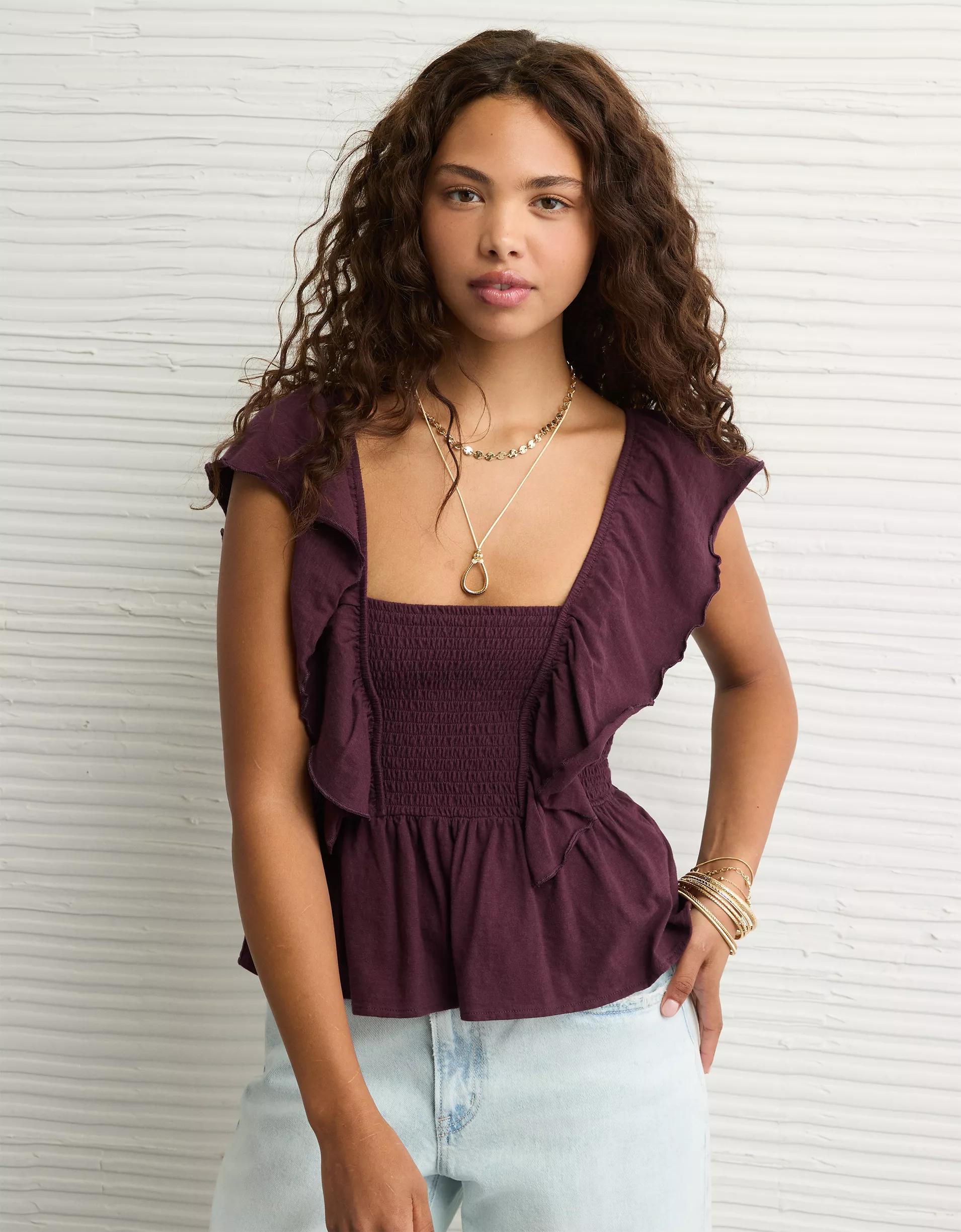AE Sunchaser Knit Flutter Sleeve Babydoll Shirt Product Image