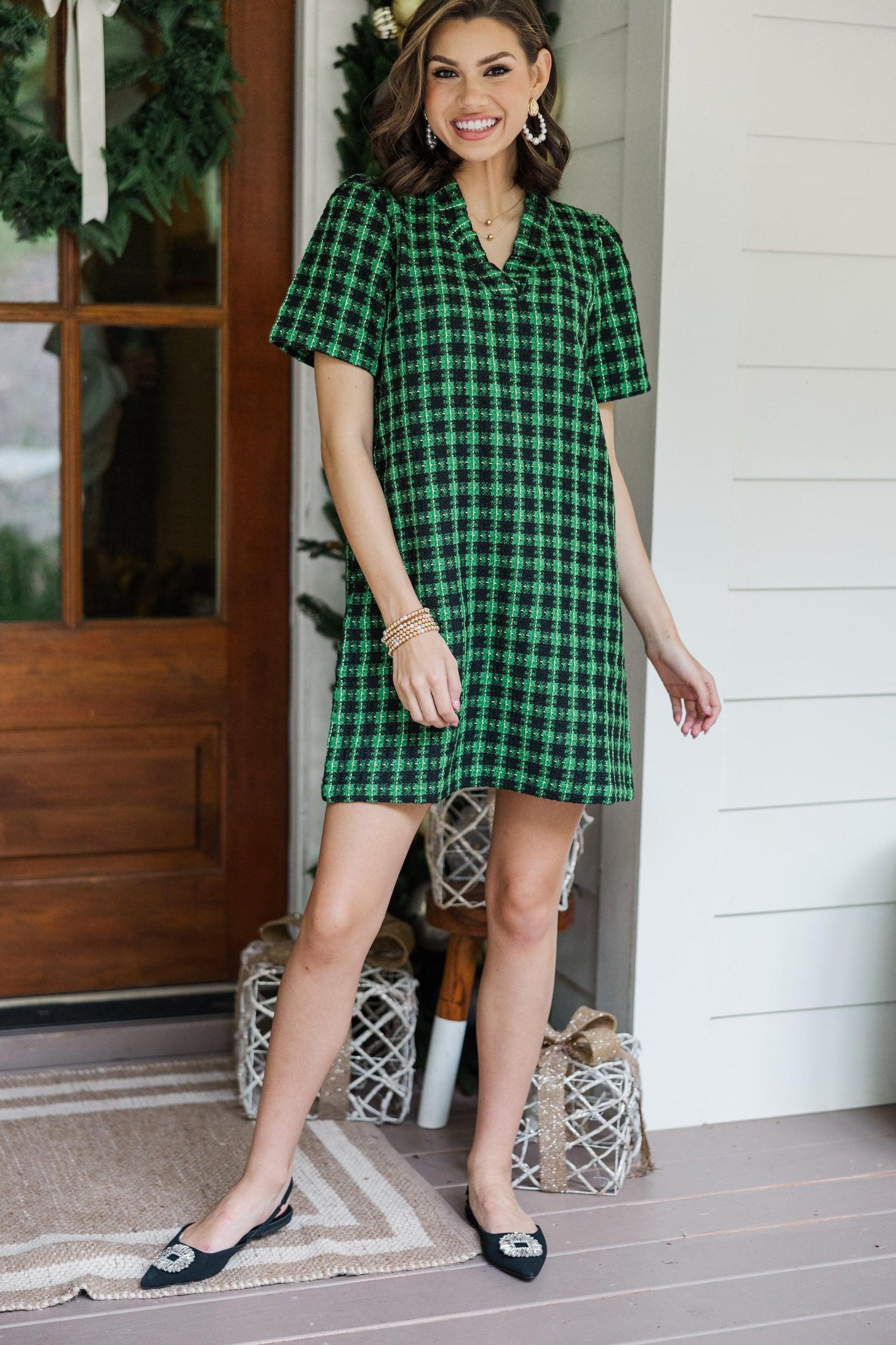 Get What You Need Green & Black Tweed Dress Female Product Image
