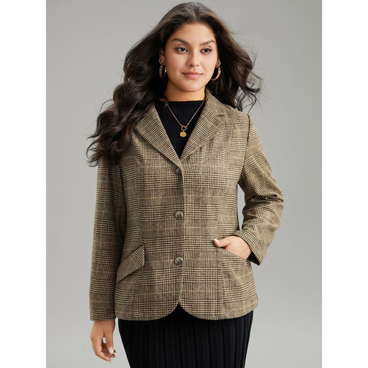 Plus Size Houndstooth Suit Collar Flap Pocket Button Up Blazer Tan Women Dailywear Houndstooth Contrast Sleeve Long Sleeve Suit Collar 30/6X Pocket Casual Blazers BloomChic Product Image