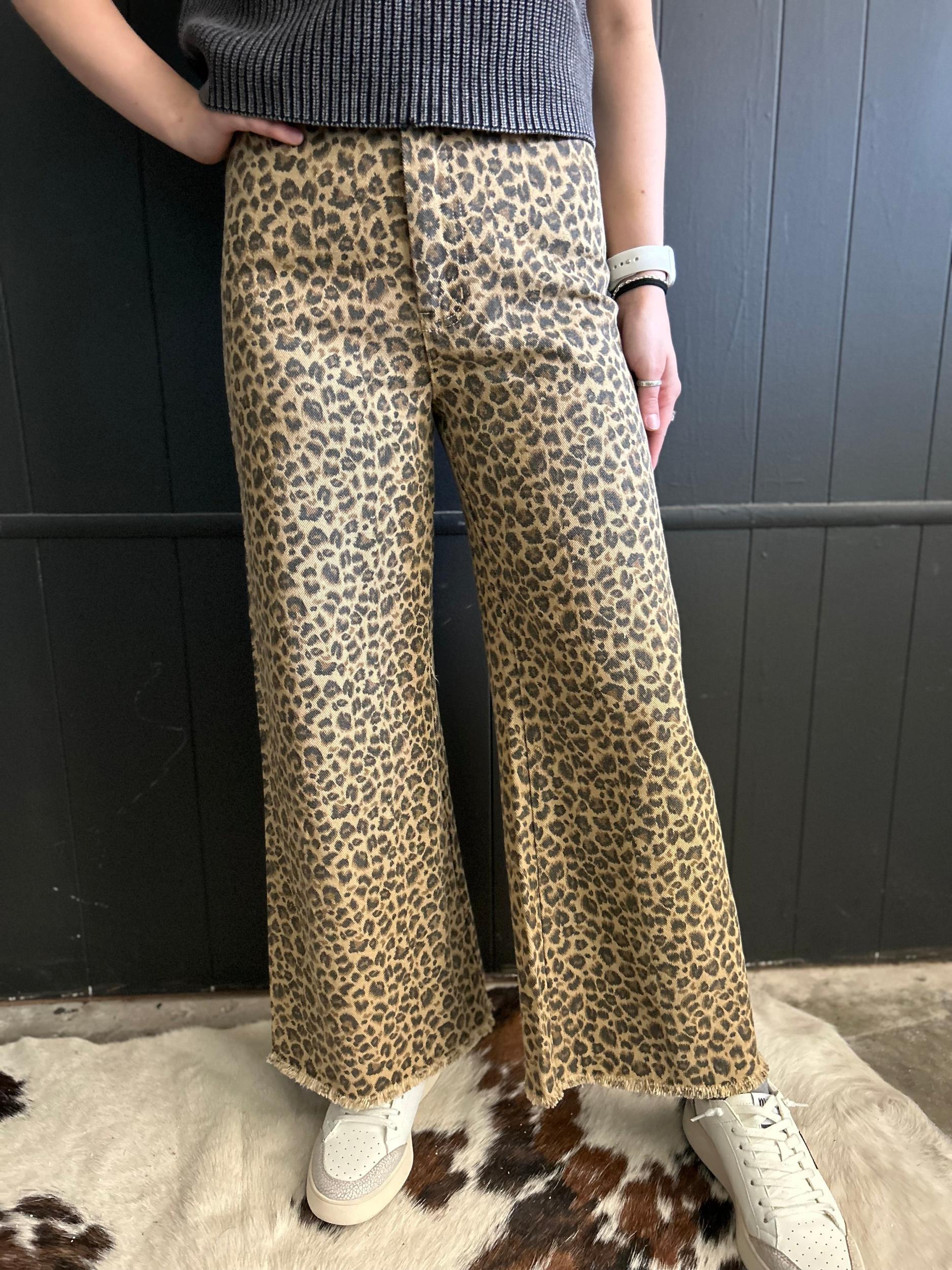 High Rise Leopard Twill Frayed Hem Wide Leg Pants Product Image