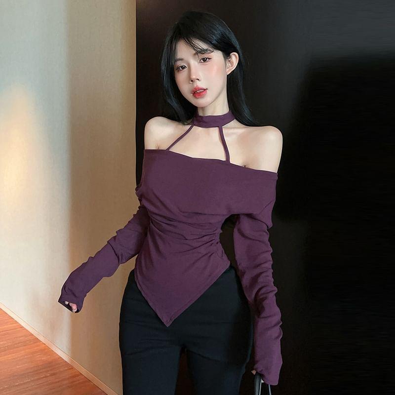Long Sleeve Halter Plain Ruched Top Product Image
