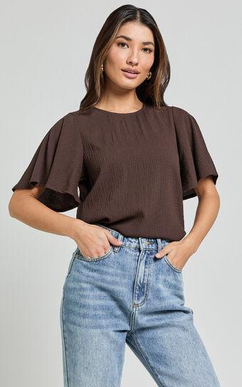 Enzo Top - Flutter Sleeve Scoop Neck Top in Dark Oak Product Image