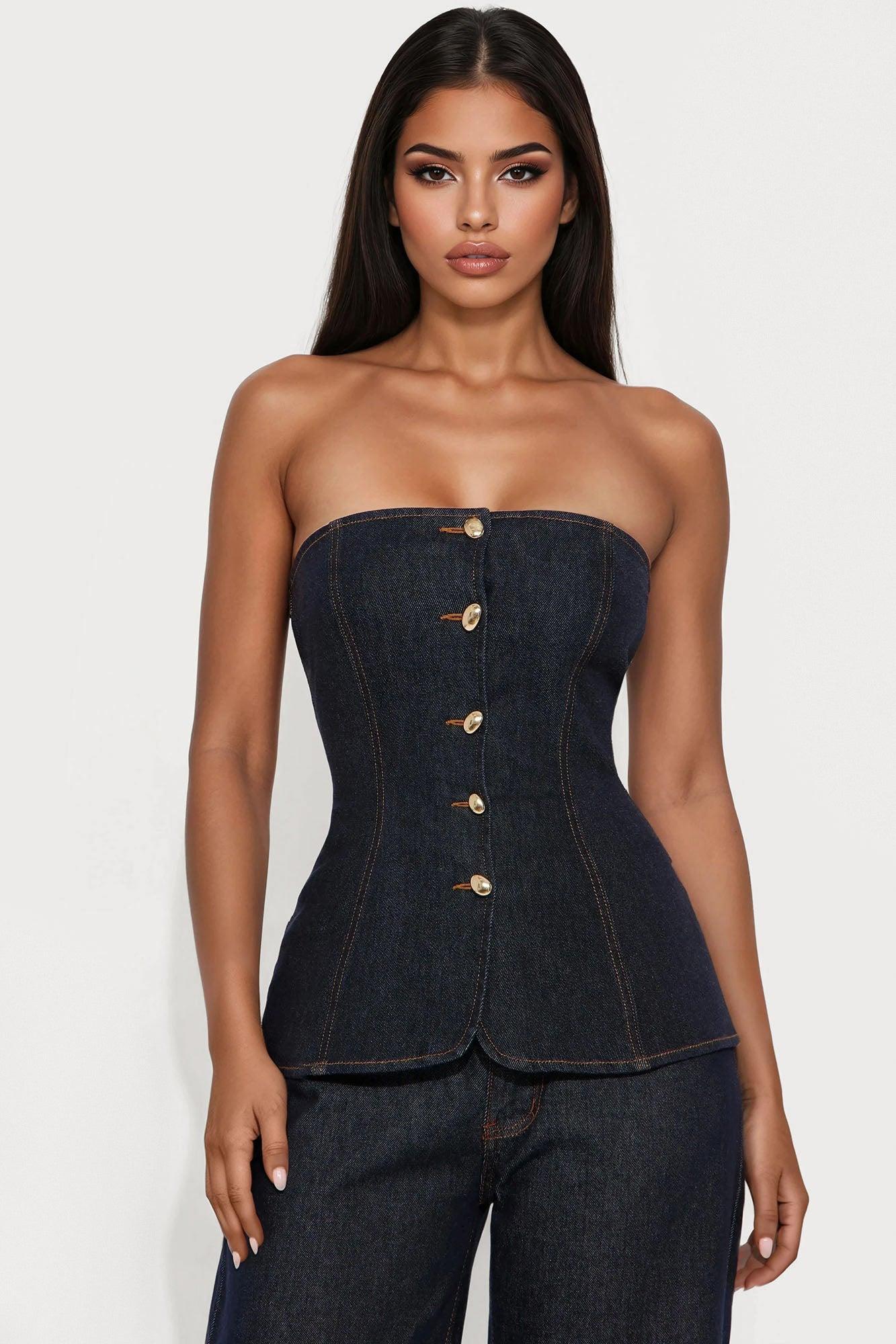 Winona Strapless Denim Vest Top - Dark Wash Product Image