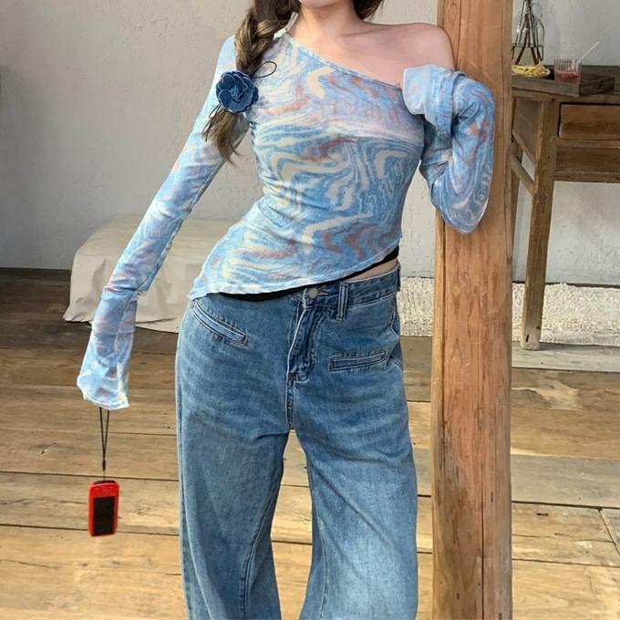 Long-Sleeve Off-Shoulder Tie Dye Asymmetrical Mesh Slim Fit Top Product Image