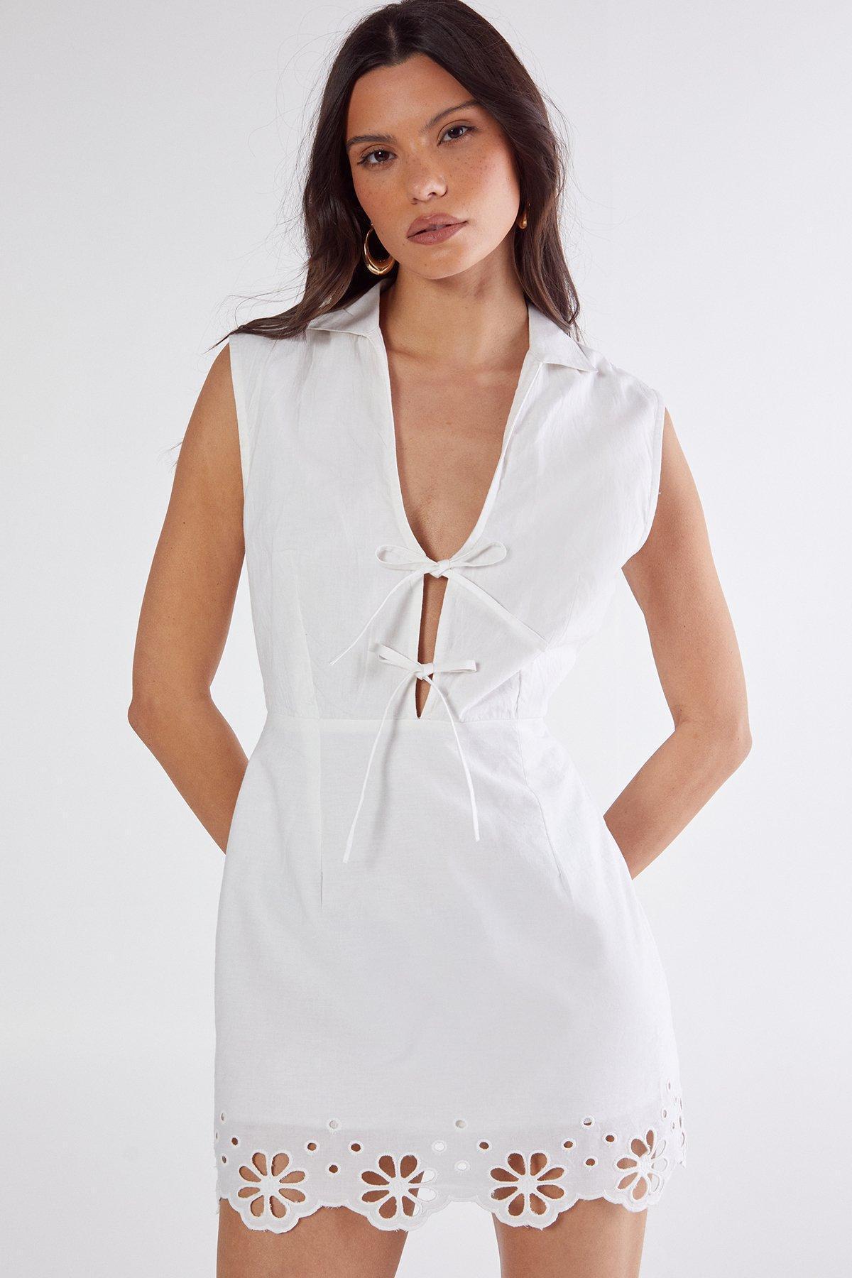 Cotton Collared Tie Front Floral Cutwork Mini Dress Product Image
